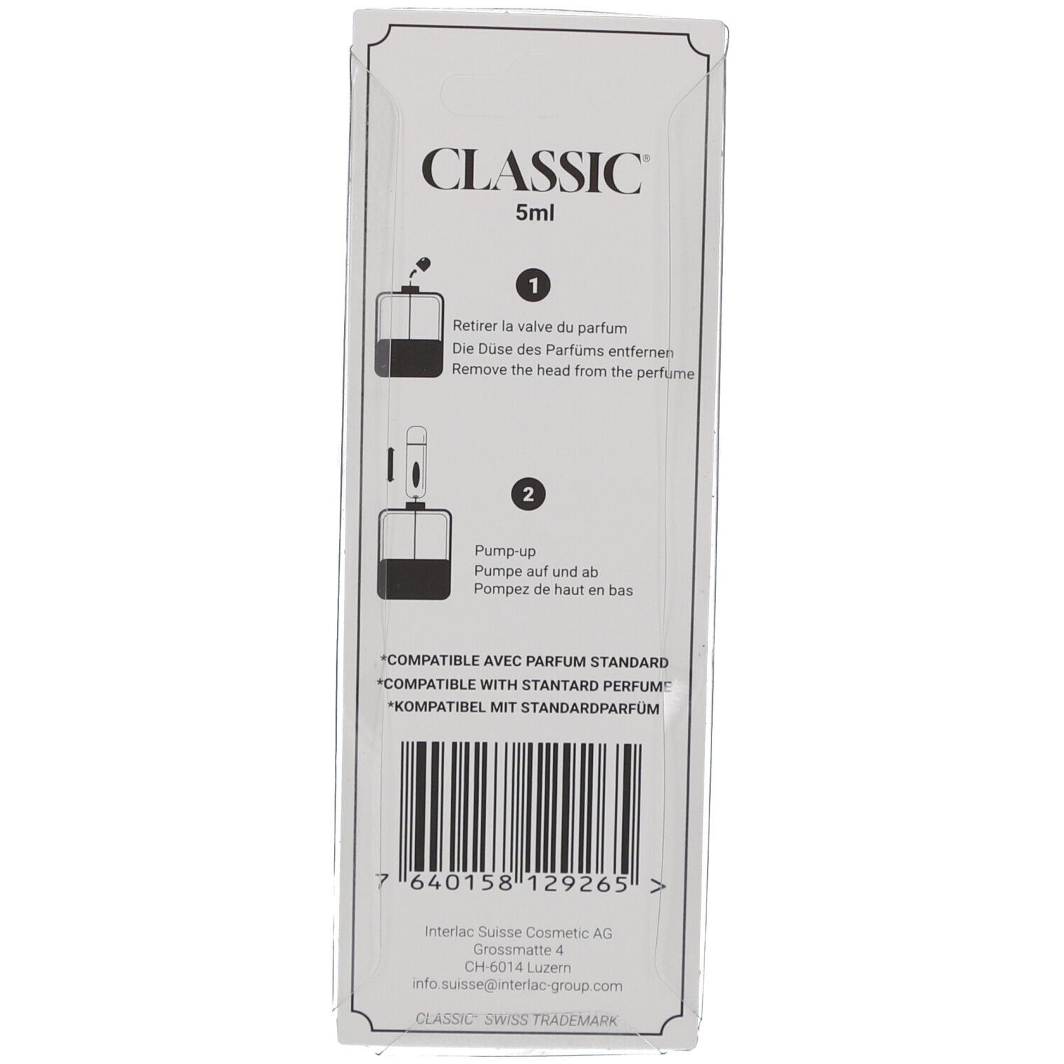 Verpackung mit "CLASSIC" und 5ml. Anweisungen zum Nachfüllen. Text: "KOMPATIBEL MIT STANDARDPARFUM".