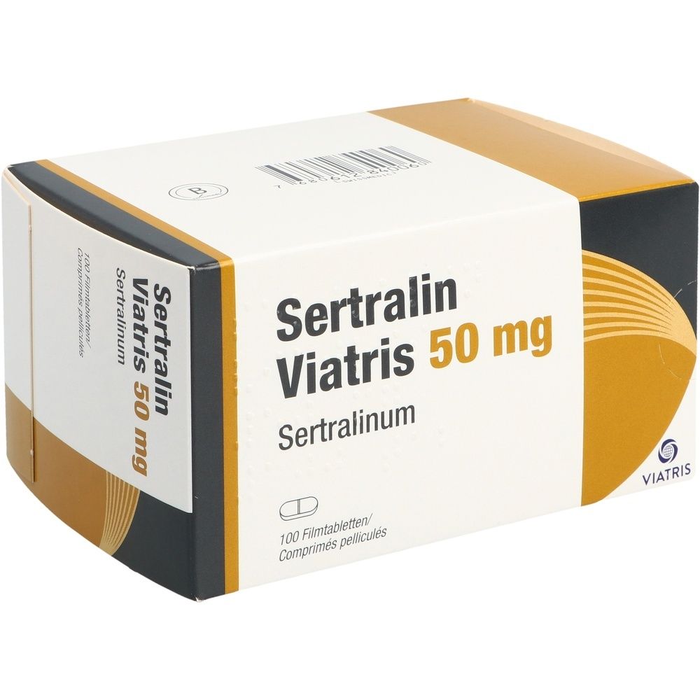 Verpackung von Sertralin Viatris 50 mg Filmtabletten. Aufschrift: Sertralin Viatris, 50 mg, Sertralinum. Enthält 100 Filmtabletten.