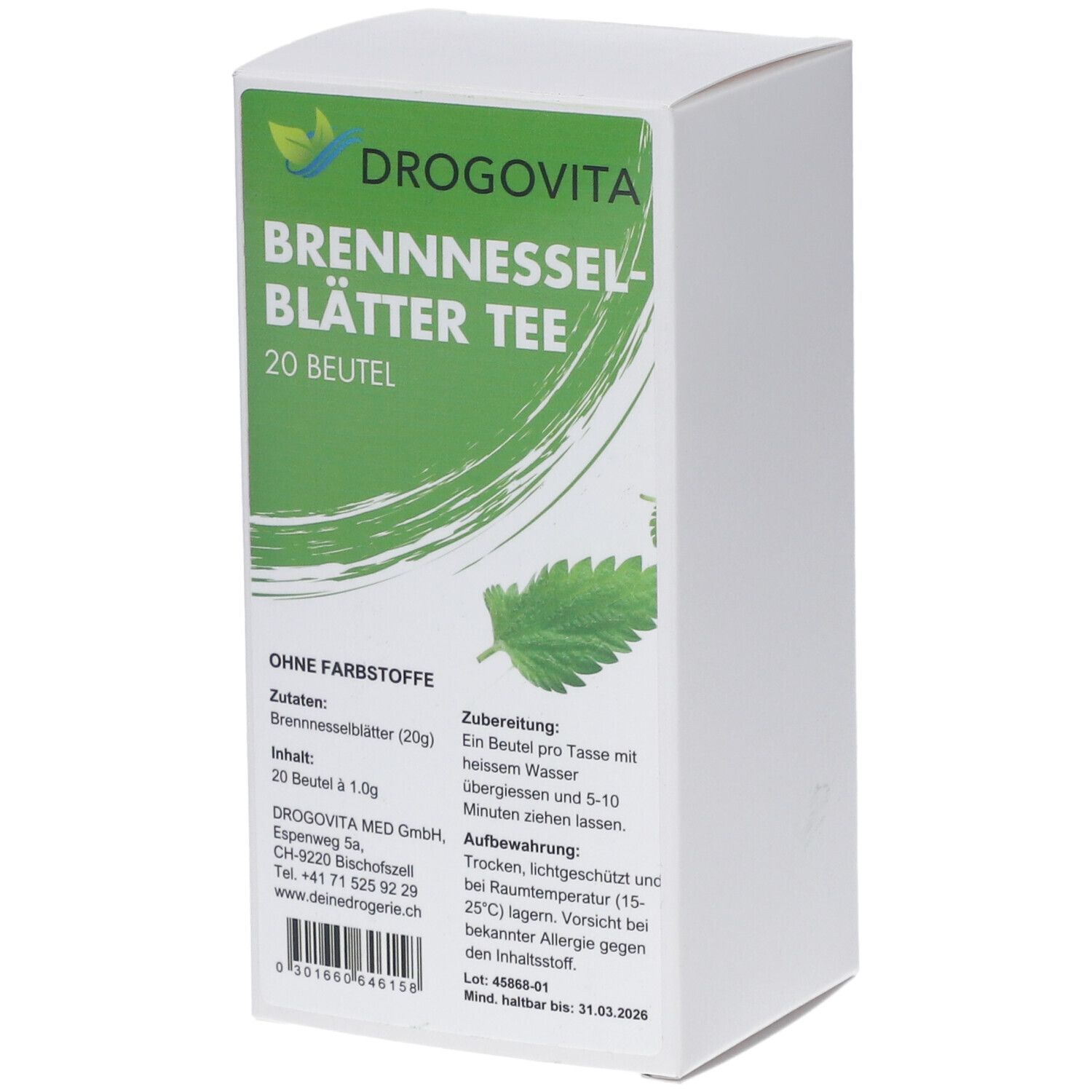Weißer Karton mit grünem Etikett. DROGOVITA Brennnesselblätter Tee, 20 Beutel. Abbildung einer Brennnessel. Text: Ohne Farbstoffe.
