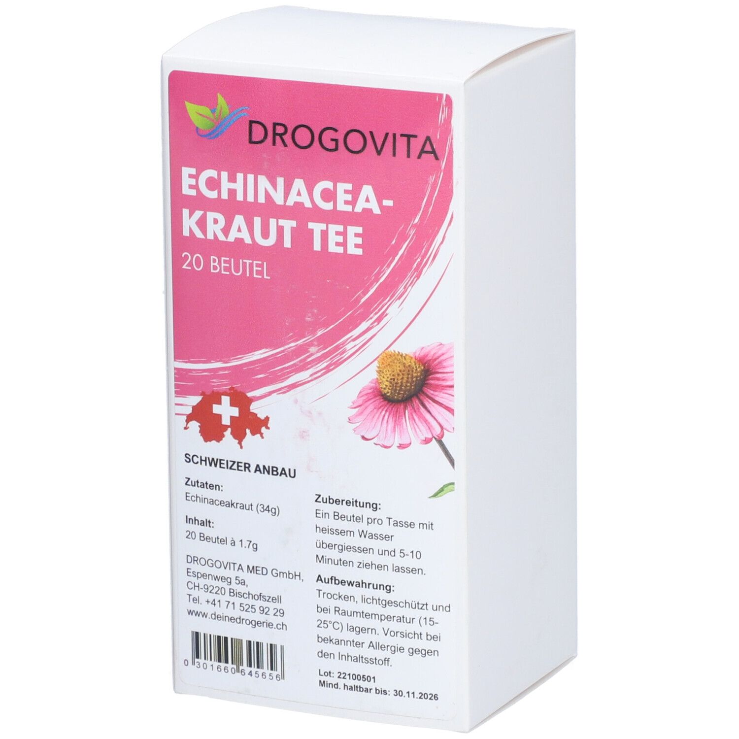 DROGOVITA Echinacea-Kraut Tee, 20 Beutel. Verpackung mit Produktinformationen und Schweizer Kreuz. Rosa Design mit Blüte.