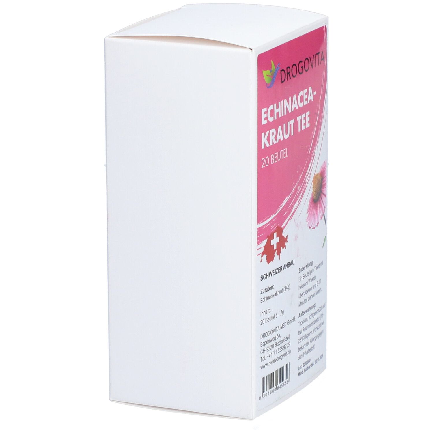 DROGOVITA Echinacea-Kraut Tee, Verpackung. Seitenansicht mit Produktinformationen und Schweizer Kreuz. Rosa Design.