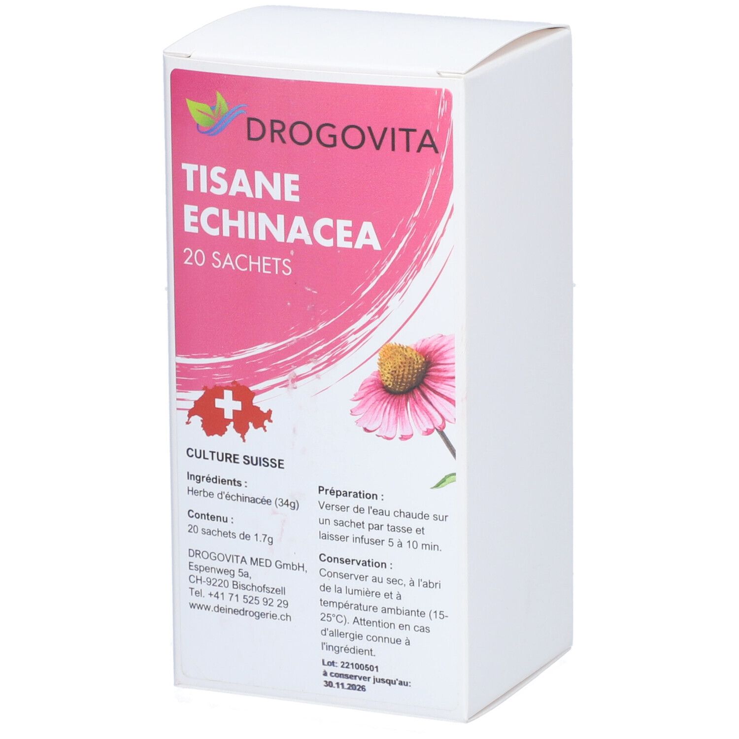 DROGOVITA Tisane Echinacea, 20 Sachets. Verpackung mit Produktinformationen und Schweizer Kreuz. Rosa Design mit Blüte.