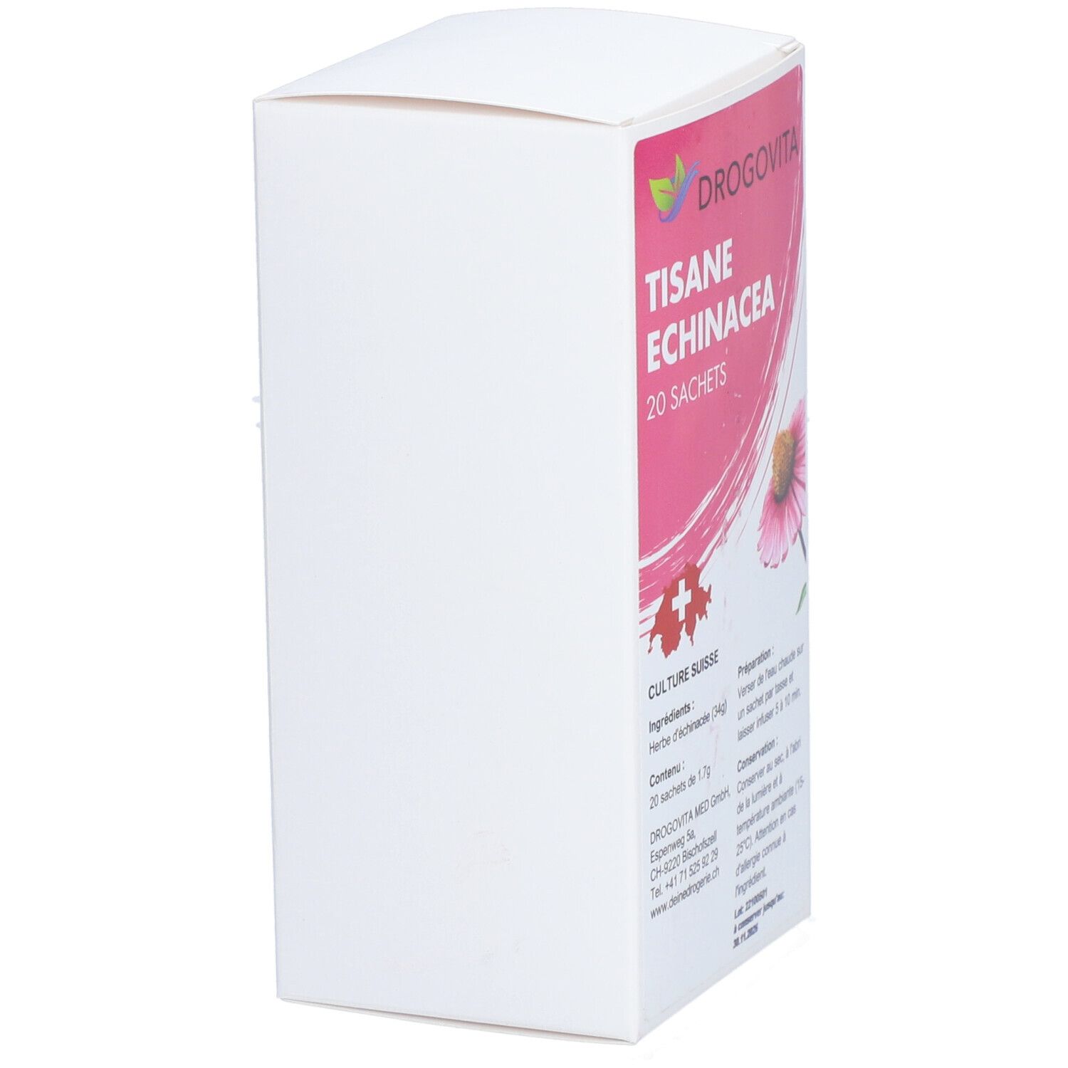 DROGOVITA Tisane Echinacea, Verpackung. Seitenansicht mit Produktinformationen und Schweizer Kreuz. Rosa Design.