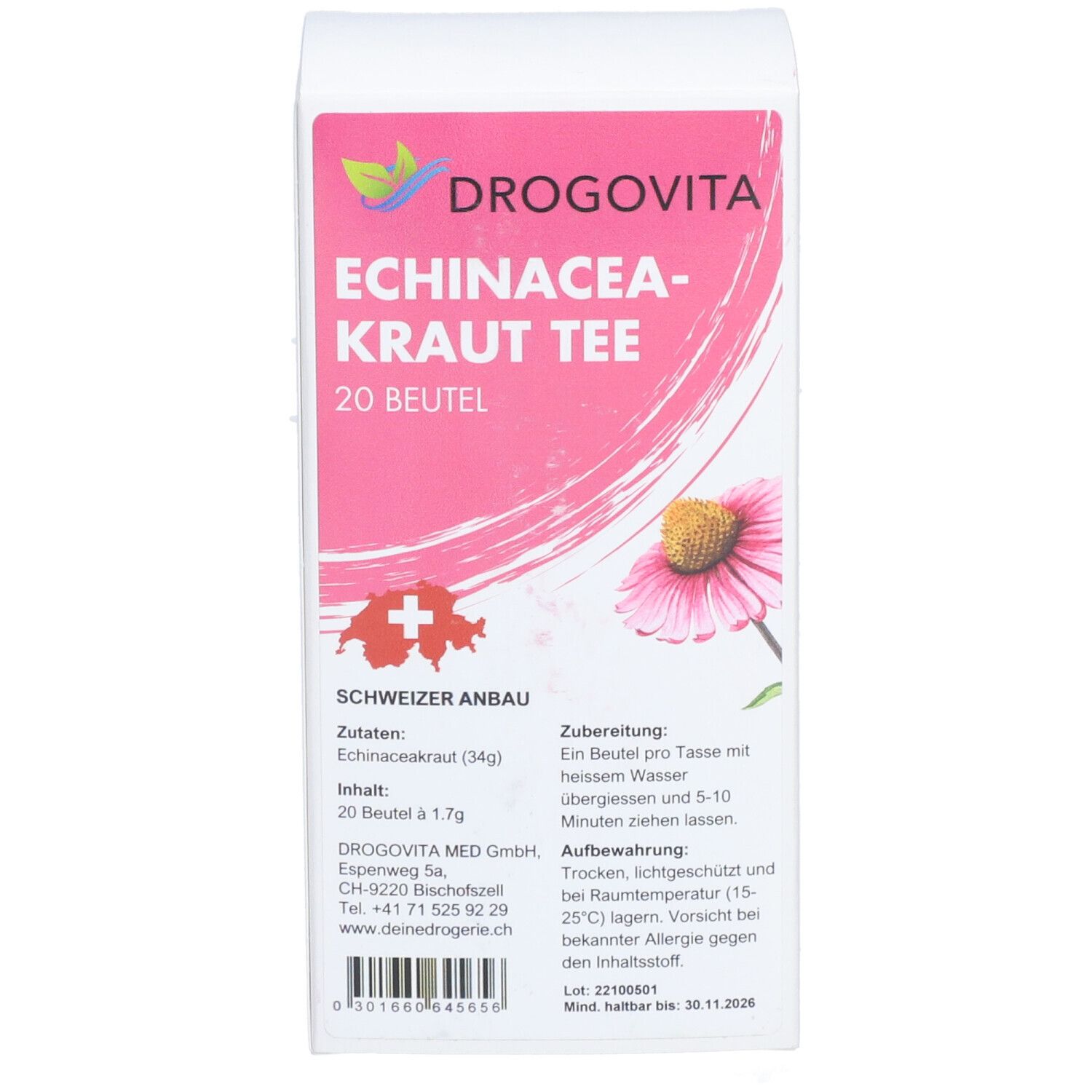 DROGOVITA Echinacea-Kraut Tee, 20 Beutel. Verpackung mit Produktinformationen und Schweizer Kreuz. Rosa Design mit Blüte.