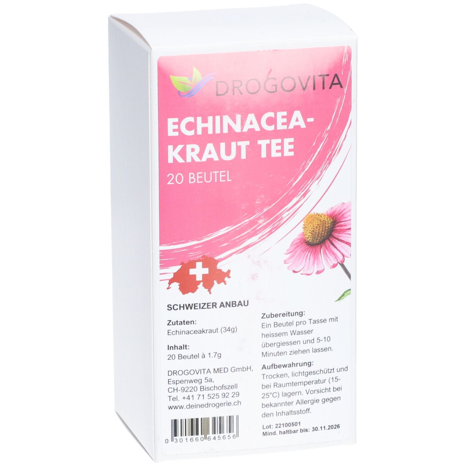 DROGOVITA Echinacea-Kraut Tee, 20 Beutel. Verpackung mit Produktinformationen und Schweizer Kreuz. Rosa Design mit Blüte.