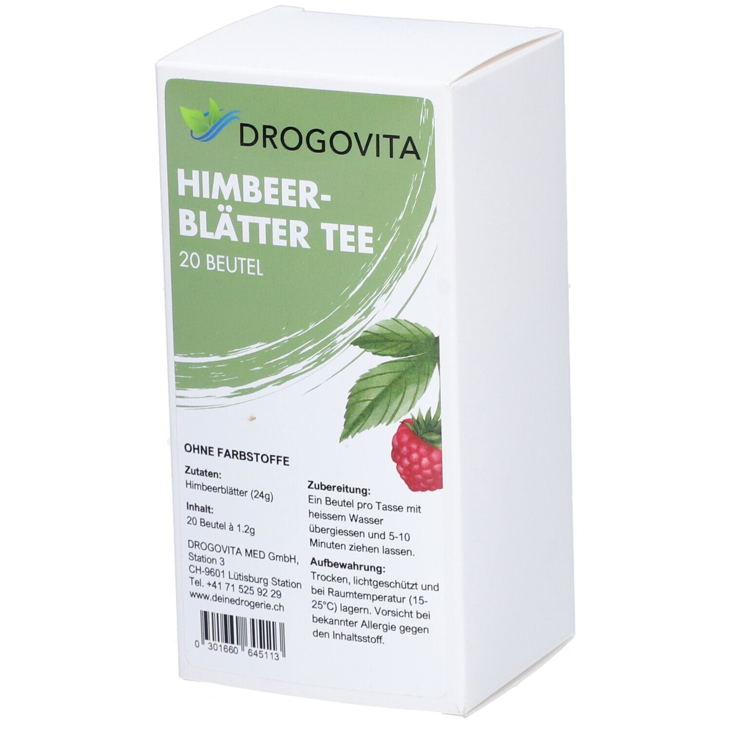Weiße Kartonverpackung. Aufdruck: DROGOVITA Himbeerblätter Tee, 20 Beutel. Abbildung von Himbeere und Blättern. Text in Grün.