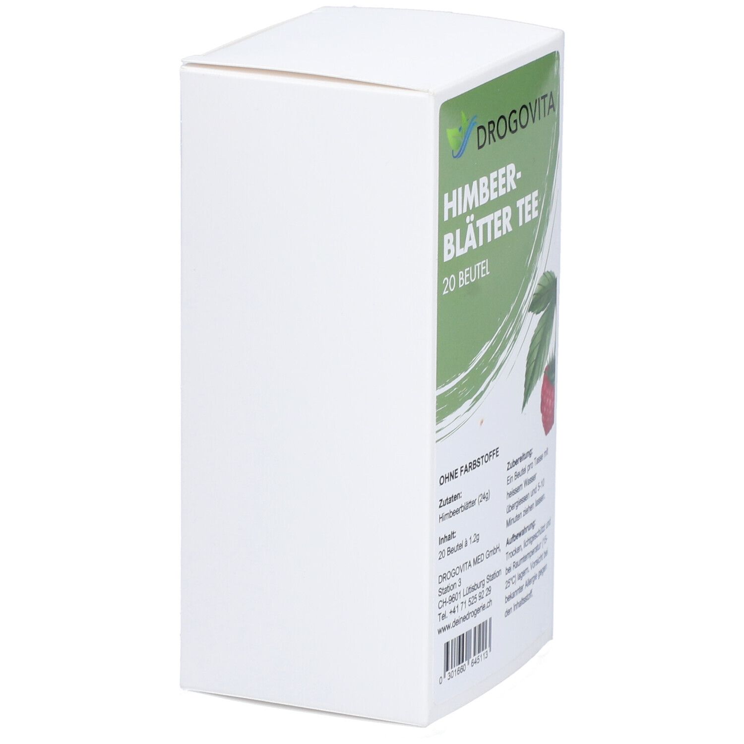 Weiße Kartonverpackung. Aufdruck: DROGOVITA Himbeerblätter Tee, 20 Beutel. Teilansicht der Verpackung mit Text und Logo.
