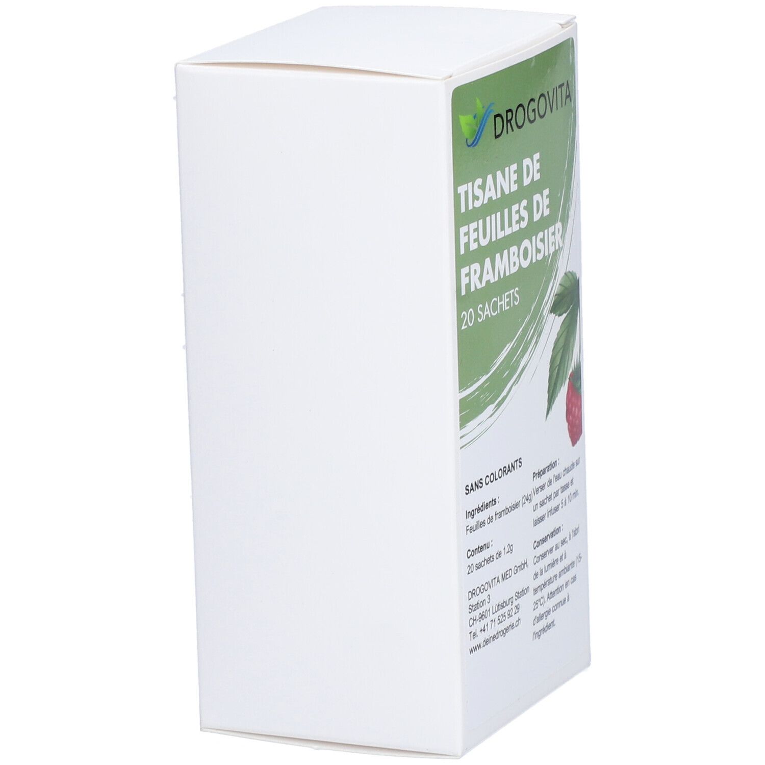 Weiße Kartonverpackung. Aufdruck: DROGOVITA Tisane de feuilles de framboisier, 20 sachets. Teilansicht der Verpackung mit Text und Logo.