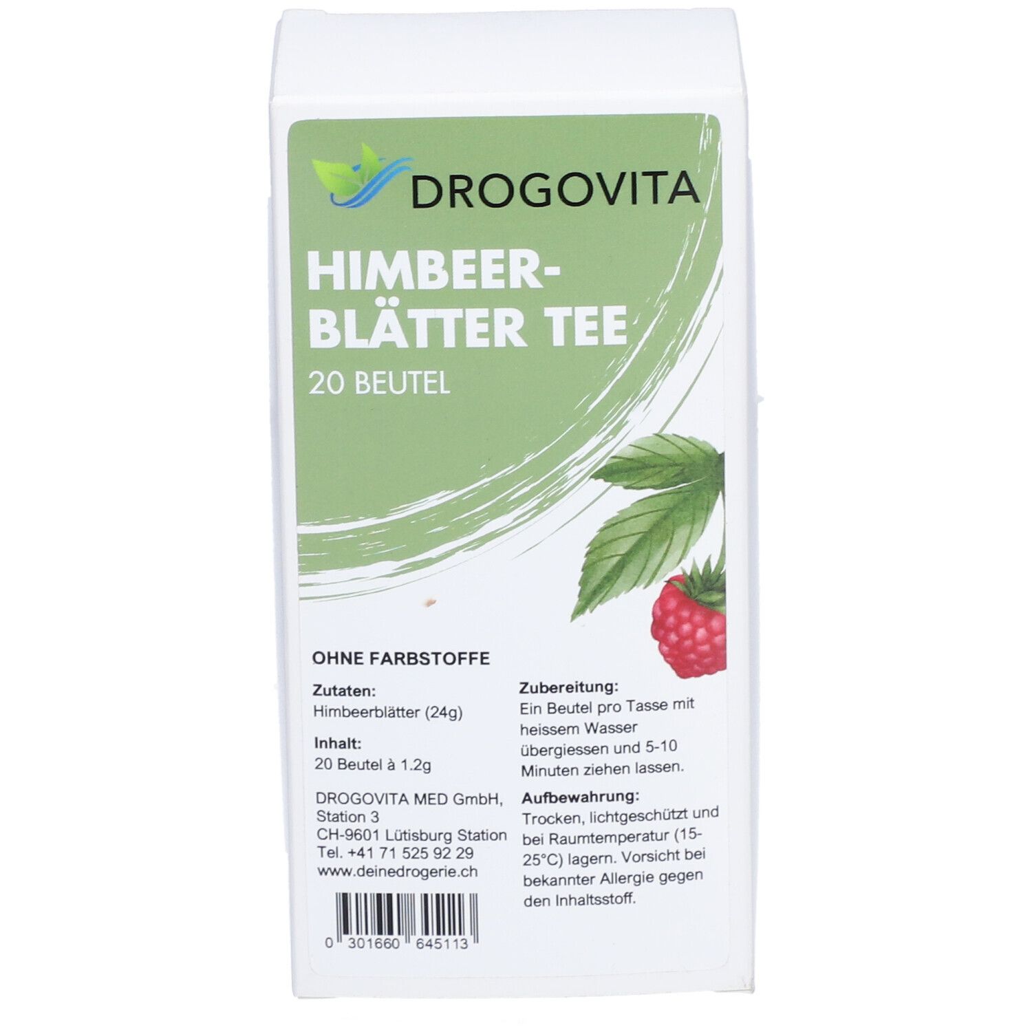 Weiße Kartonverpackung. Aufdruck: DROGOVITA Himbeerblätter Tee, 20 Beutel. Abbildung von Himbeere und Blättern. Text in Grün.