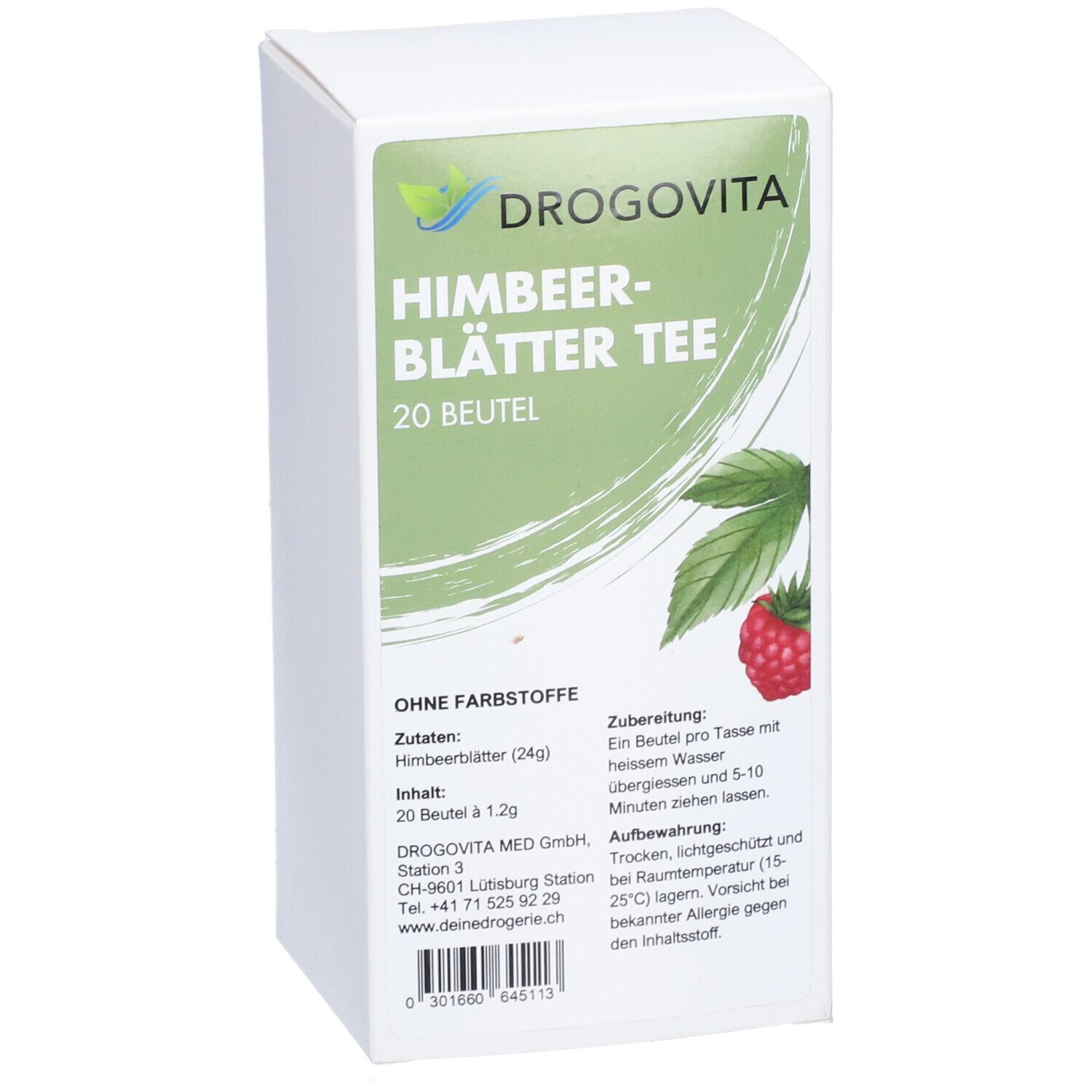 Weiße Kartonverpackung. Aufdruck: DROGOVITA Himbeerblätter Tee, 20 Beutel. Teilansicht der Verpackung mit Text und Logo.