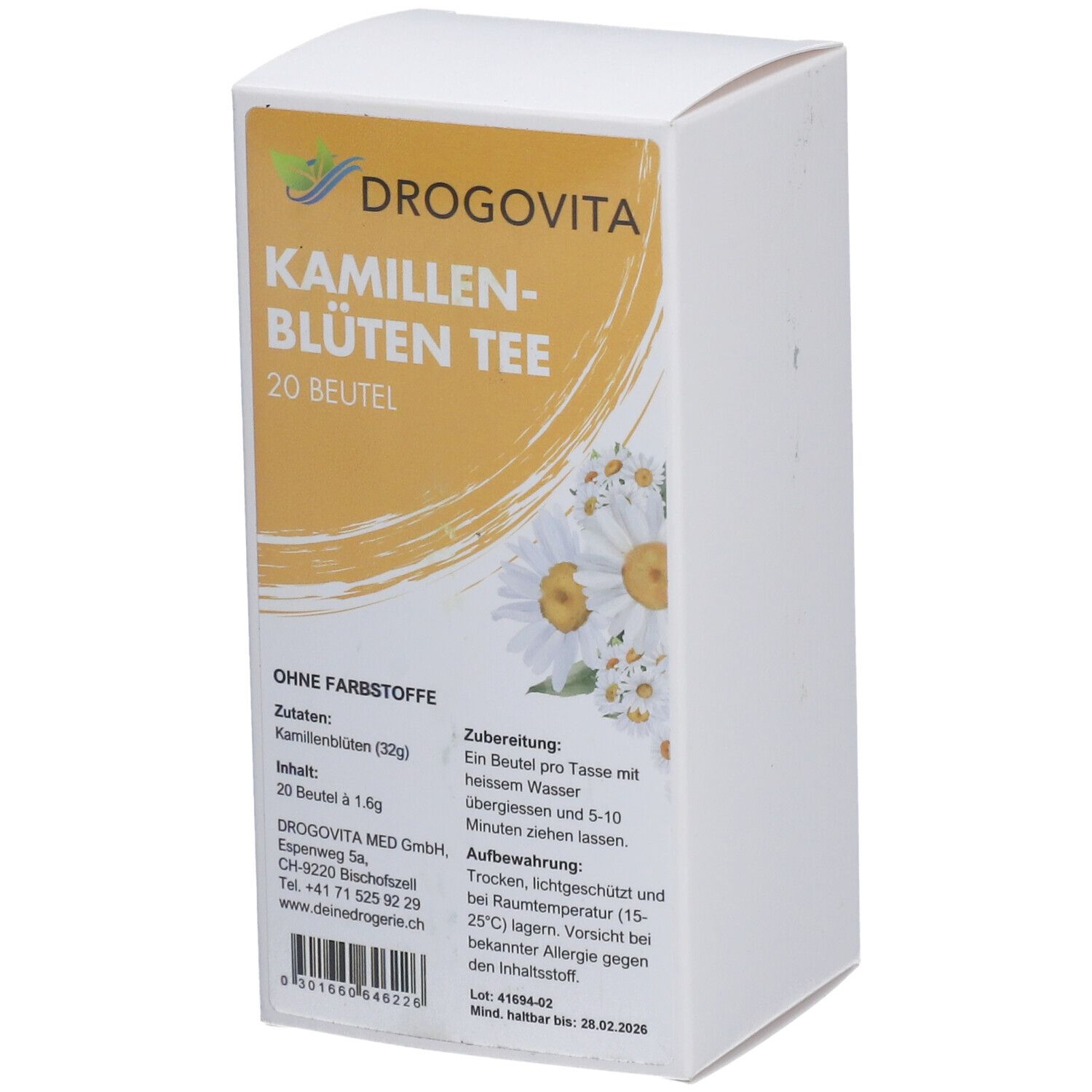 DROGOVITA Kamillenblüten Tee Packung. 20 Beutel. Aufdruck: Kamillenblüten Tee, 20 Beutel. Ohne Farbstoffe. Illustration: Kamillenblüten. Weiße Verpackung.