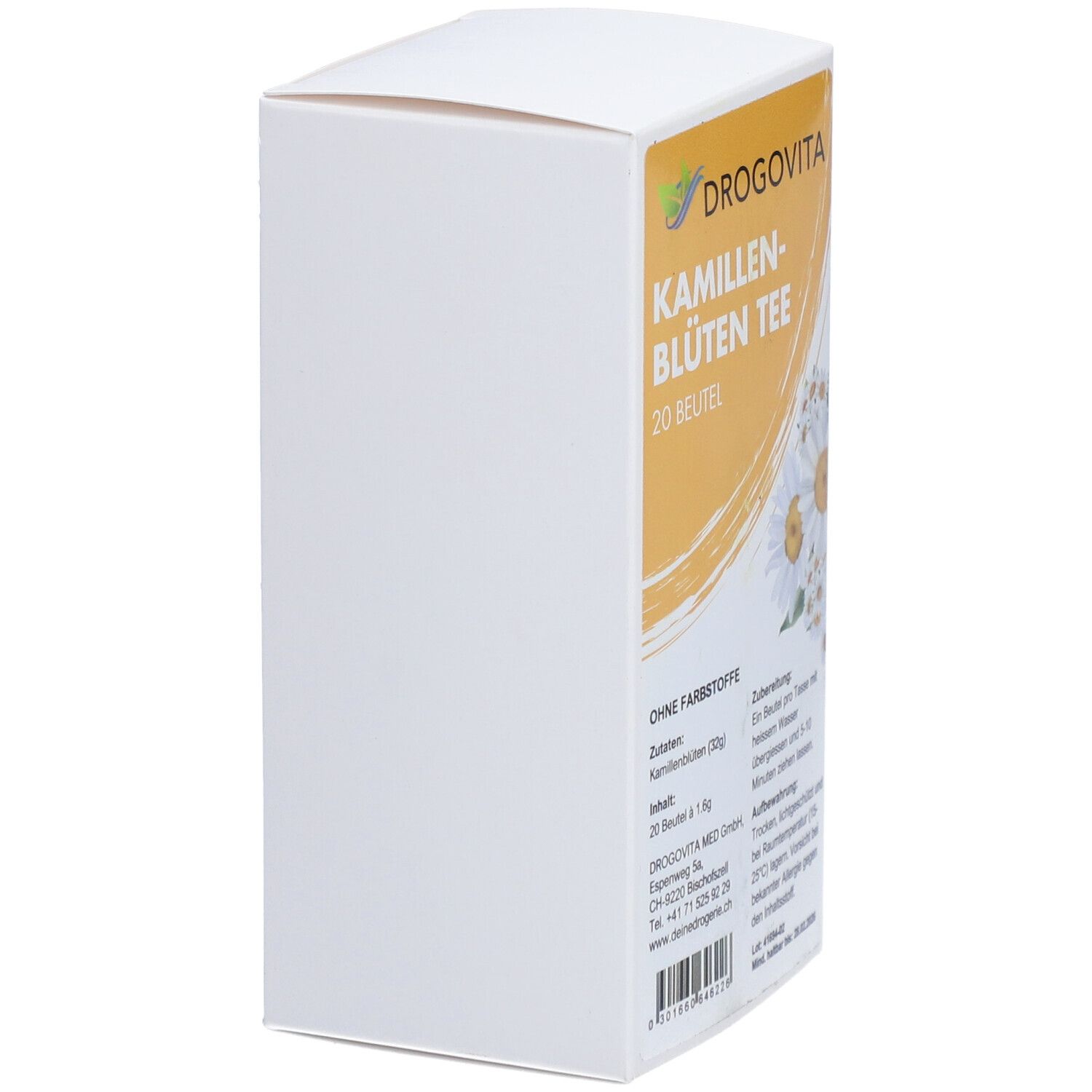 DROGOVITA Kamillenblüten Tee Packung. Seite. Aufdruck: Kamillenblüten Tee, 20 Beutel. Ohne Farbstoffe. Weiße Verpackung.