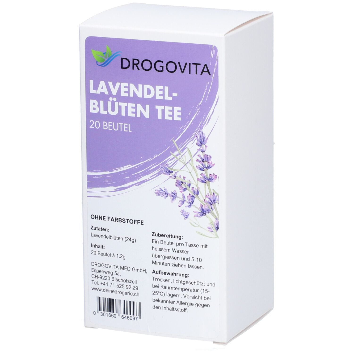 DROGOVITA Lavendelblüten Tee, 20 Beutel. Weiße Schachtel mit lila Akzenten. Text: Lavendelblüten Tee, 20 Beutel. Illustration von Lavendelblüten.