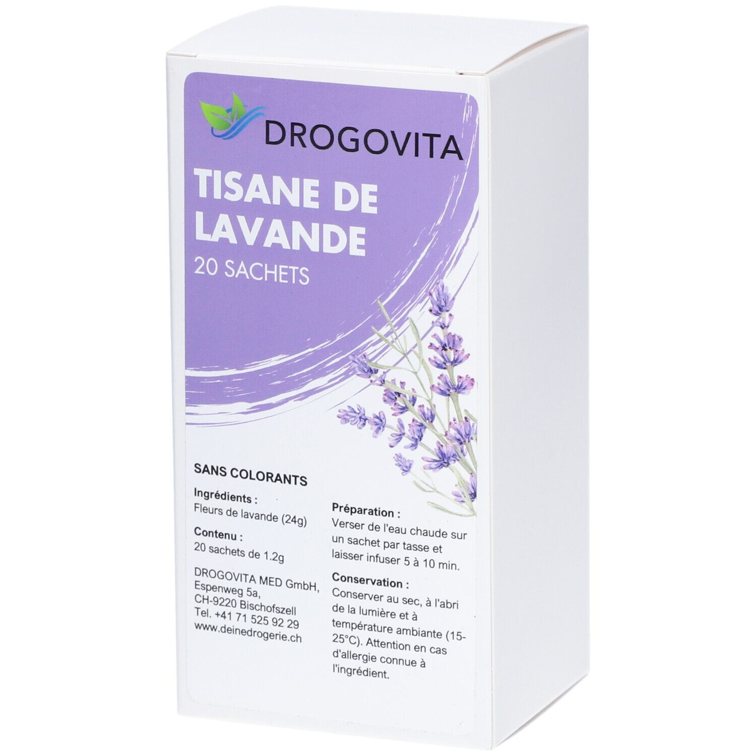 DROGOVITA TISANE DE LAVANDE, 20 Sachets. Weiße Schachtel mit lila Akzenten. Text: TISANE DE LAVANDE, 20 Sachets. Illustration von Lavendelblüten.