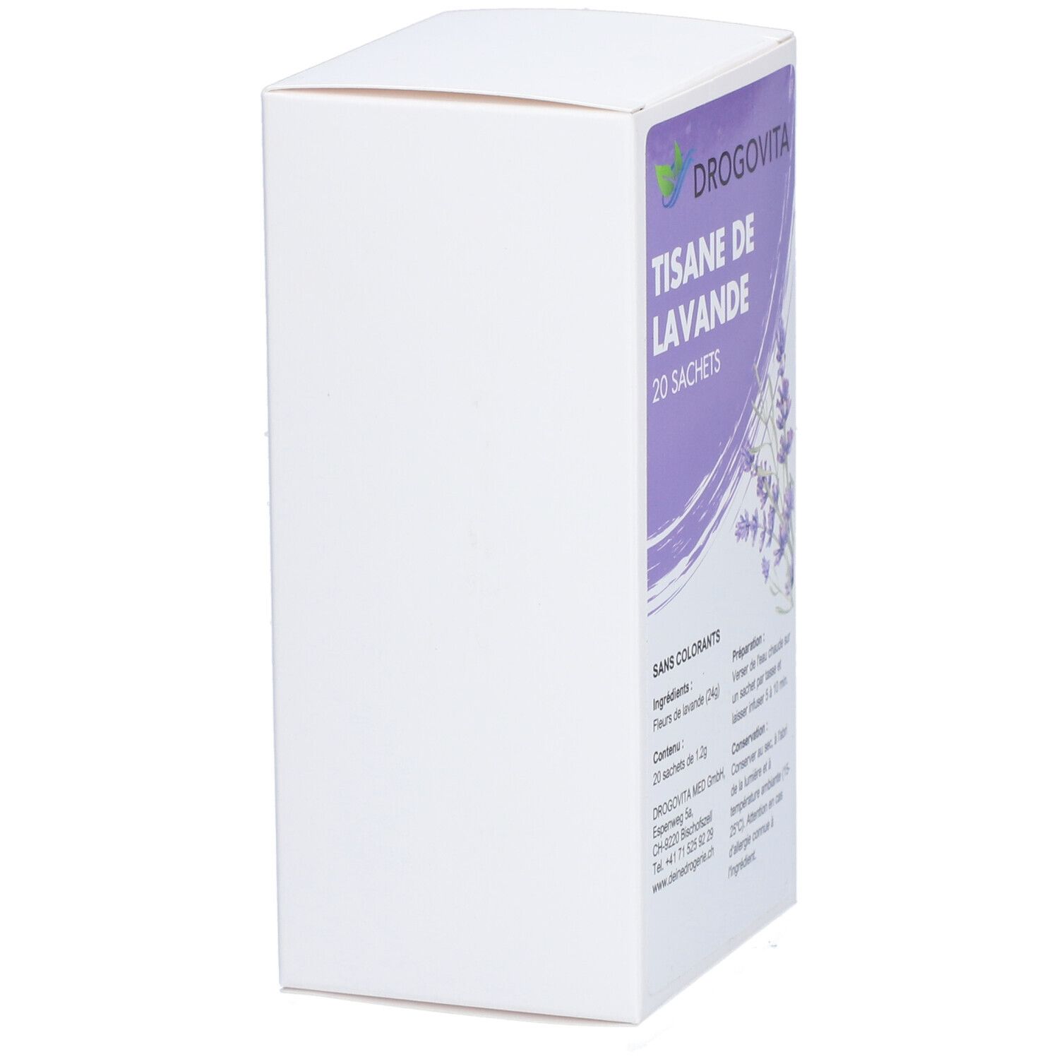 Weiße Schachtel mit lila Ecke. Text: TISANE DE LAVANDE, 20 Sachets. Marke DROGOVITA. Illustration von Lavendelblüten. Produktverpackung.