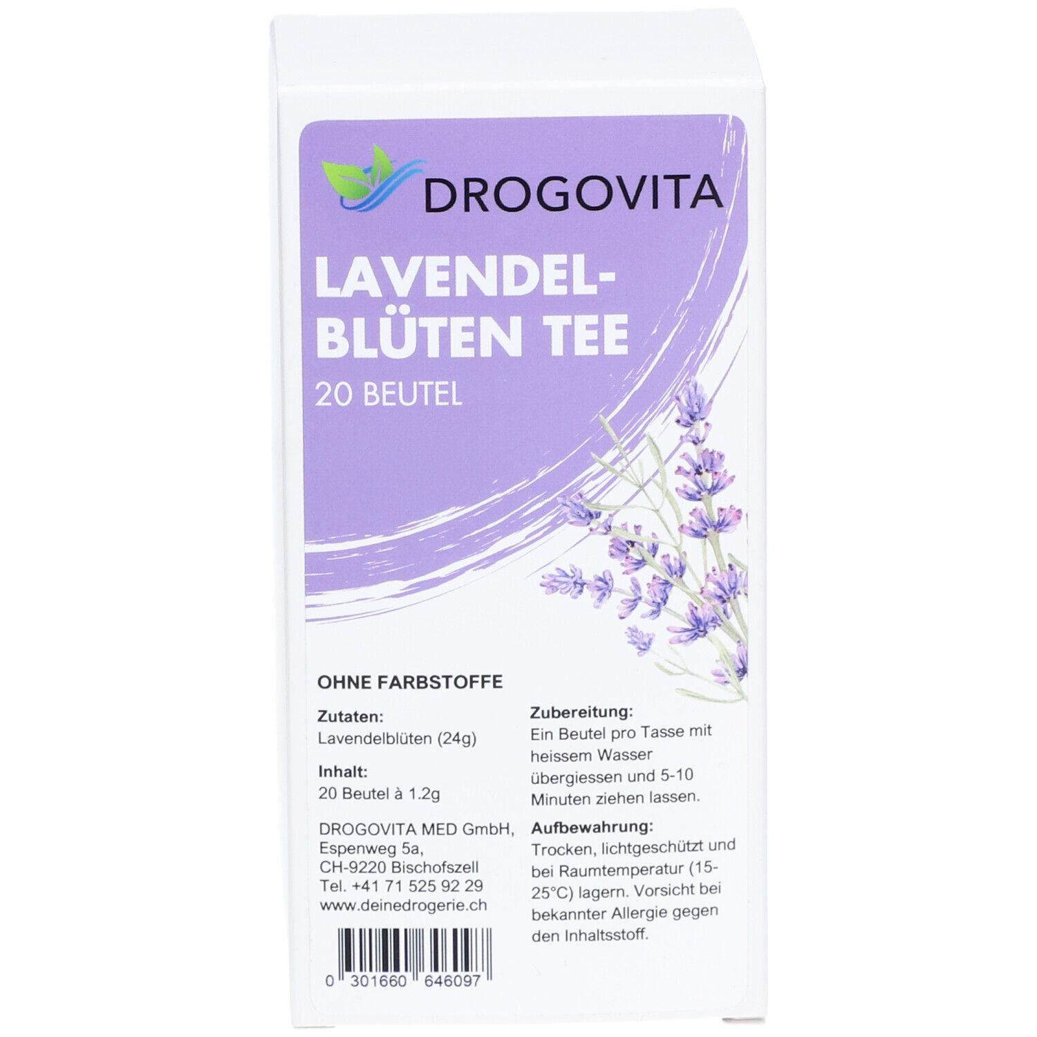 DROGOVITA Lavendelblüten Tee, 20 Beutel. Weiße Schachtel mit lila Akzenten. Text: Lavendelblüten Tee, 20 Beutel. Illustration von Lavendelblüten.