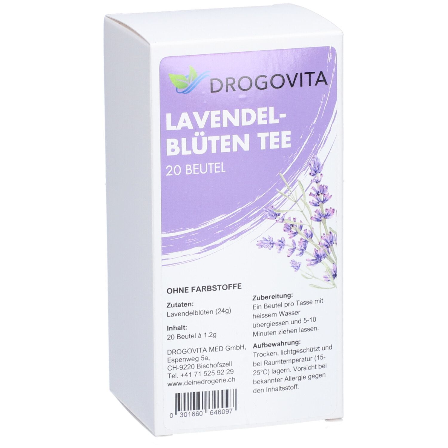 DROGOVITA Lavendelblüten Tee, 20 Beutel. Weiße Schachtel mit lila Akzenten. Text: Lavendelblüten Tee, 20 Beutel. Illustration von Lavendelblüten.