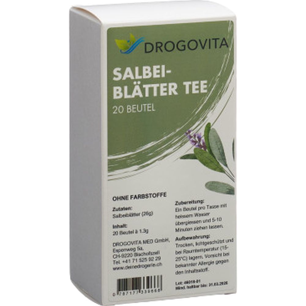 Boîte blanche avec texte vert. Contient 20 sachets de thé. Inscription : DROGOVITA, Salbei-Blätter Tee. Détails des ingrédients et de la préparation.