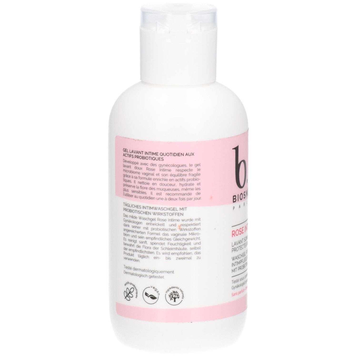 Rückseite der Flasche. Text in Deutsch und Französisch. Logo: Rose, dermatologisch getestet, vegan.