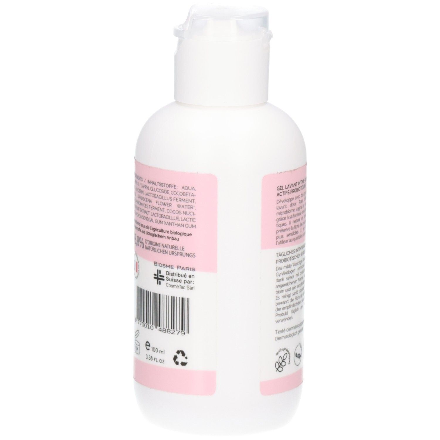 Rückseite der Flasche. Inhaltsstoffe, Barcode, Logo: Swiss Made, 50 ml, Recycling-Symbol.