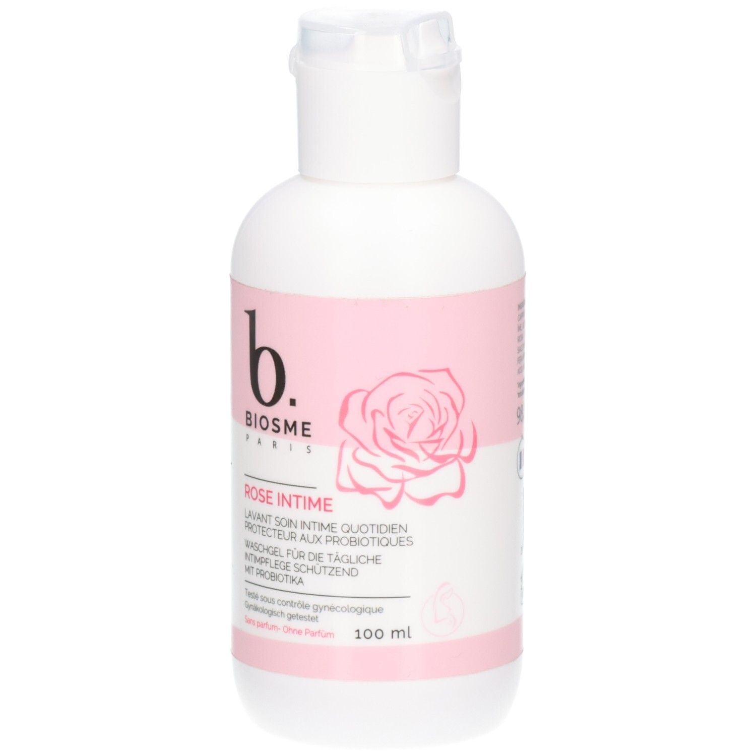 Weiß-rosa Flasche mit Klappverschluss. Aufdruck: BIOSME PARIS, ROSE INTIME, Rose-Illustration. 100 ml.