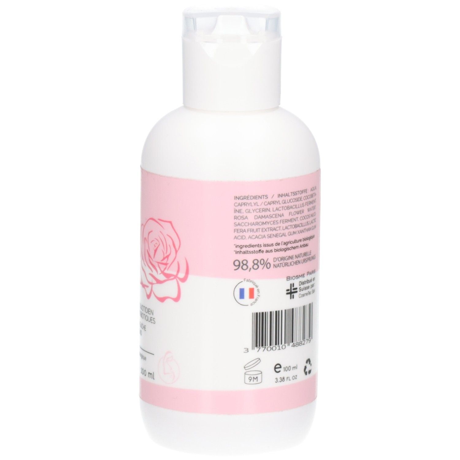 Rückseite der Flasche. Inhaltsstoffe, Barcode, Logo: Swiss Made, 100 ml, Recycling-Symbol.