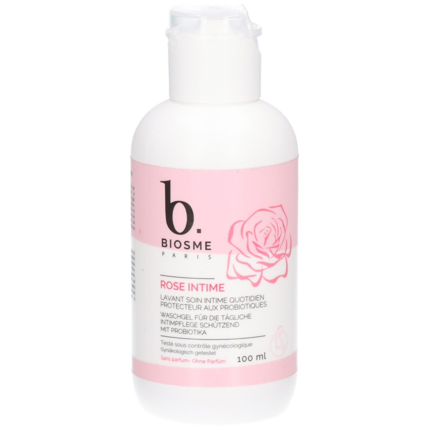 Weiß-rosa Flasche mit Klappverschluss. Aufdruck: BIOSME PARIS, ROSE INTIME, Rose-Illustration. 100 ml.