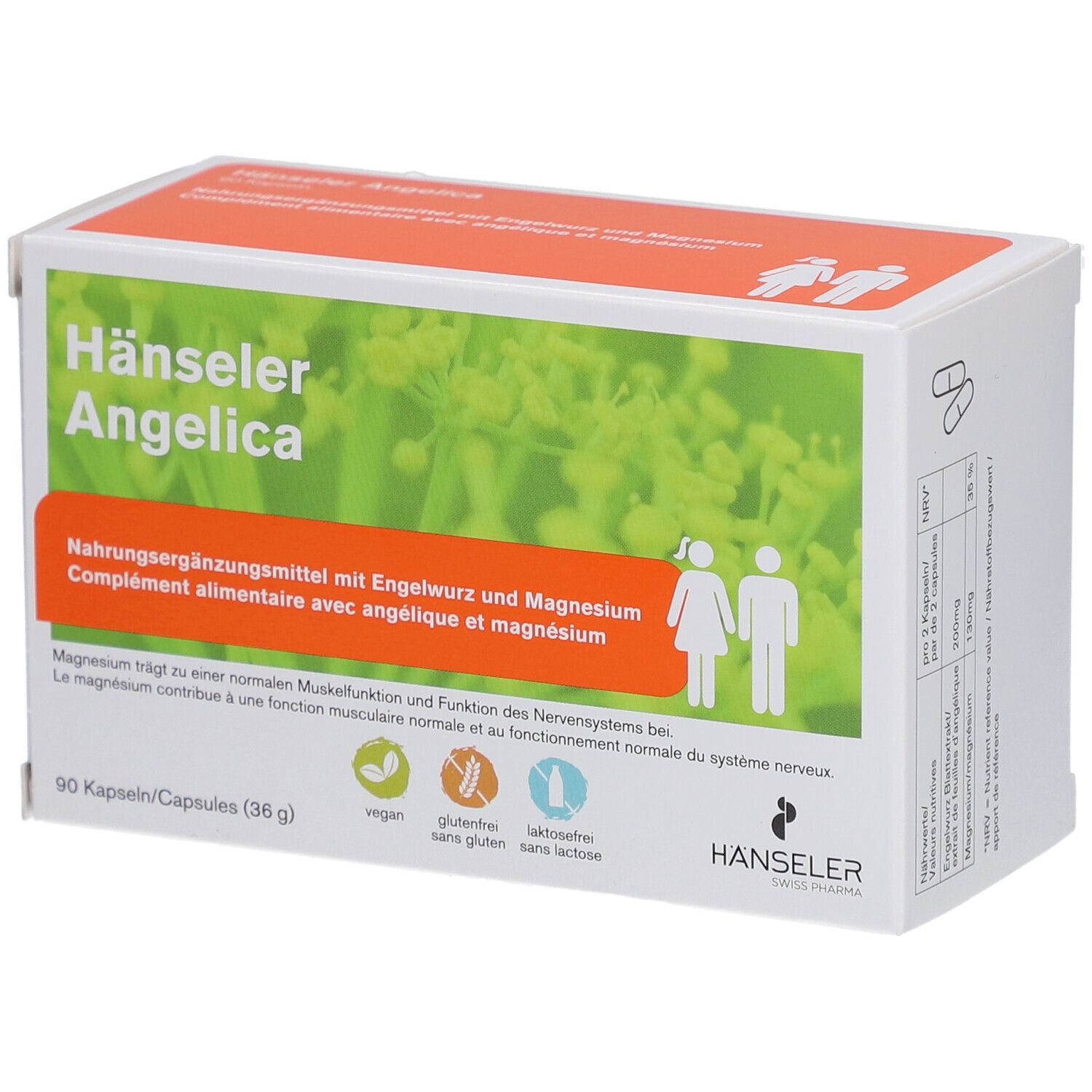 Weißer Karton mit Hänseler Angelica Aufschrift. Orangefarbener Streifen mit Text und Piktogrammen. 90 Kapseln.