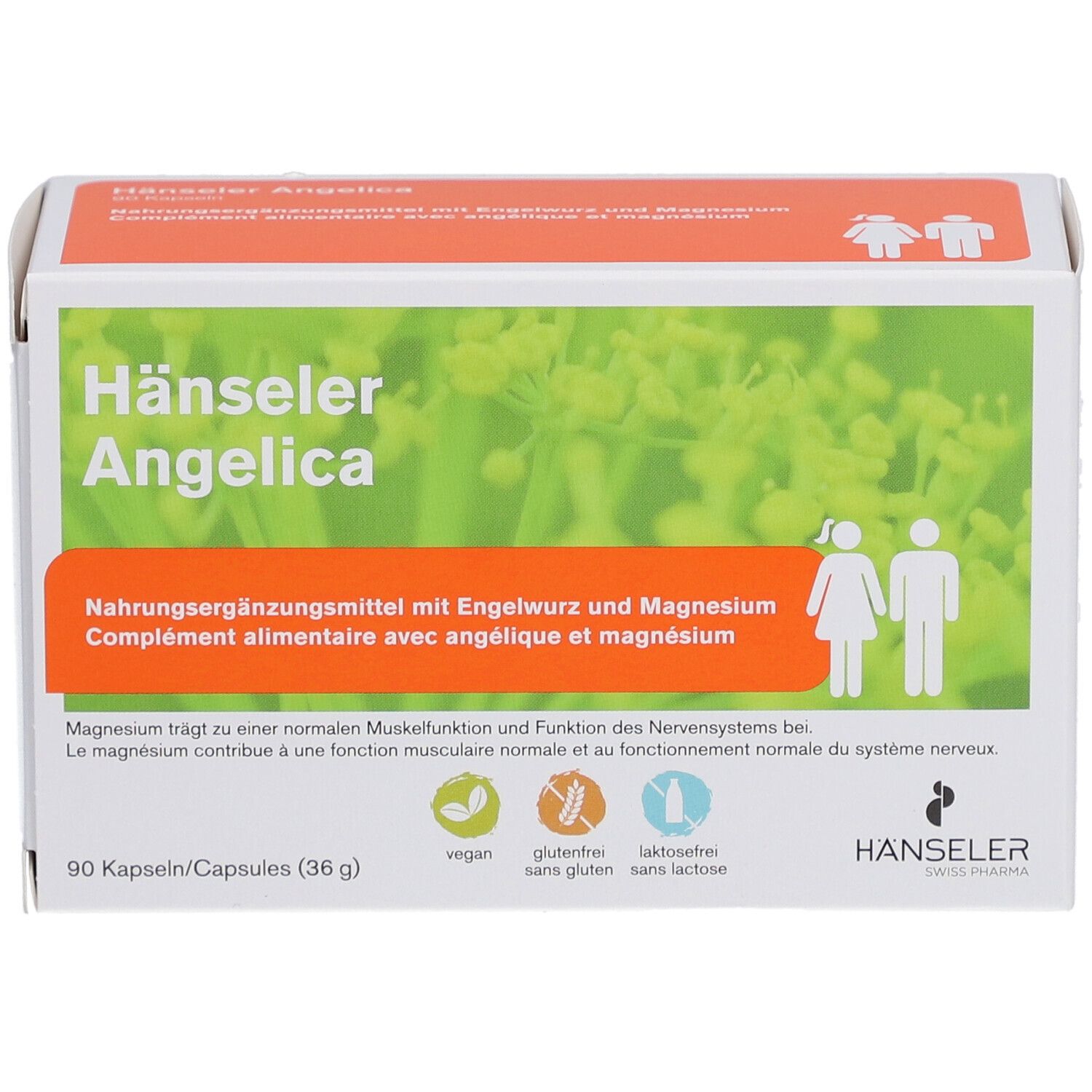 Weißer Karton mit Hänseler Angelica Aufschrift. Orangefarbener Streifen mit Text und Piktogrammen. 90 Kapseln.