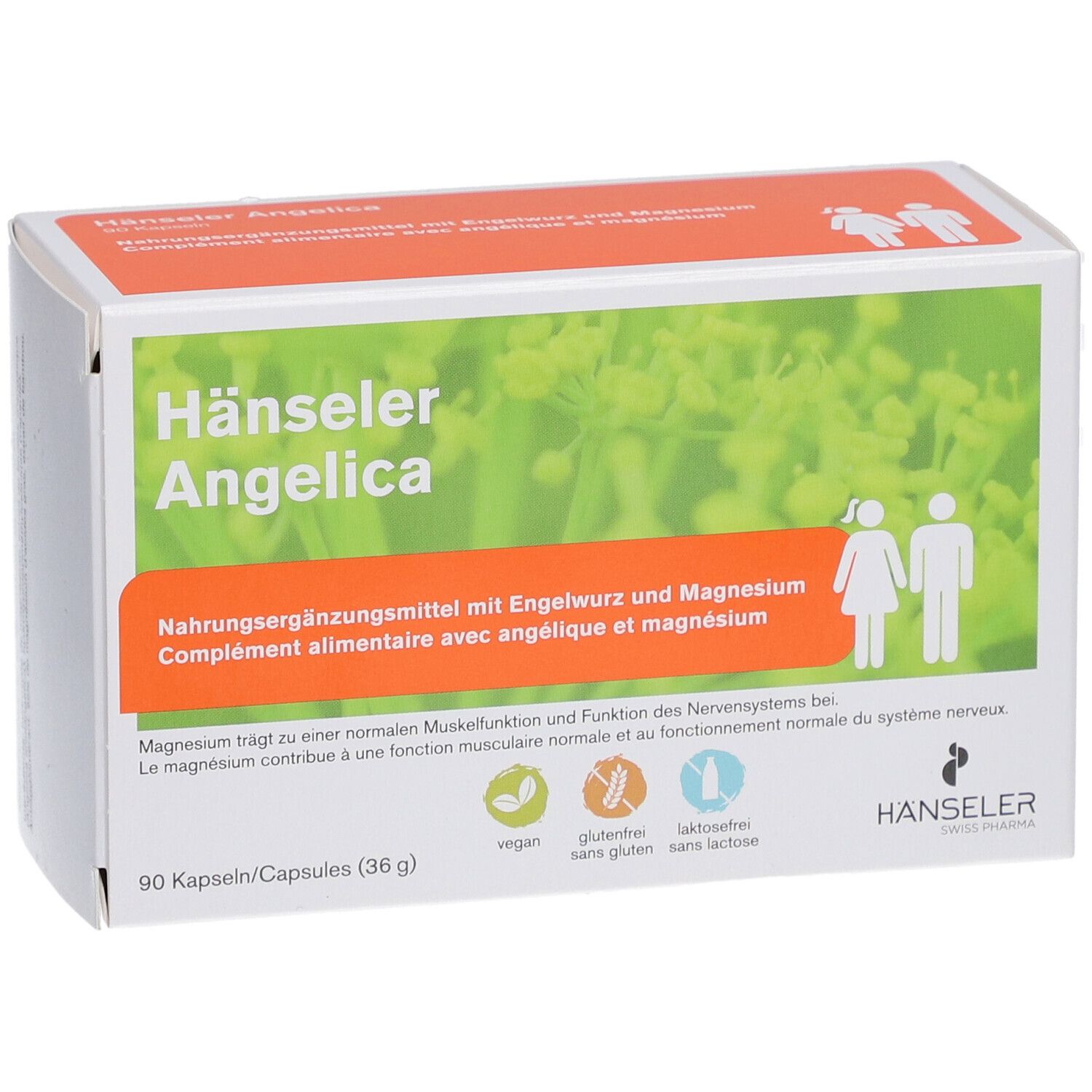 Weißer Karton mit Hänseler Angelica Aufschrift. Orangefarbener Streifen mit Text und Piktogrammen. 90 Kapseln.