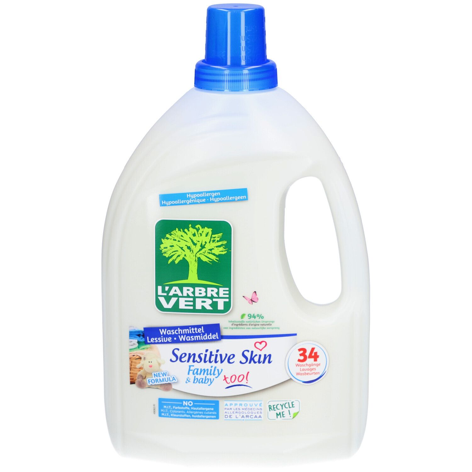 Weichspüler-Flasche. L'ARBRE VERT-Logo. "Empfindliche Haut"-Etikett. Grüne und blaue Farbtöne. Griff. 34 Waschladungen.