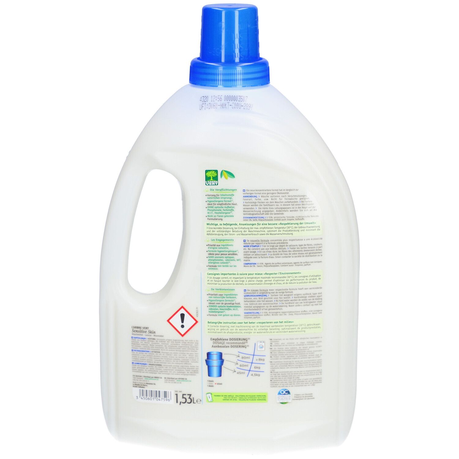 Rückseite der Weichspüler-Flasche. Textinformationen. Warnhinweis. Recycling-Symbol. Blaue Kappe und Griff.