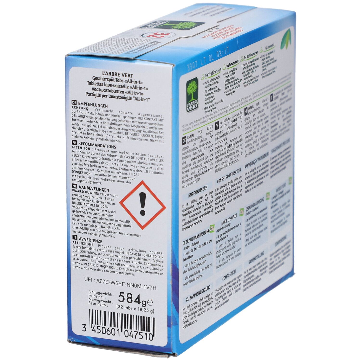 Dos de l'emballage. Avertissement, ingrédients, poids 584g, 32 tablettes. L'ARBRE VERT tablettes lave-vaisselle.