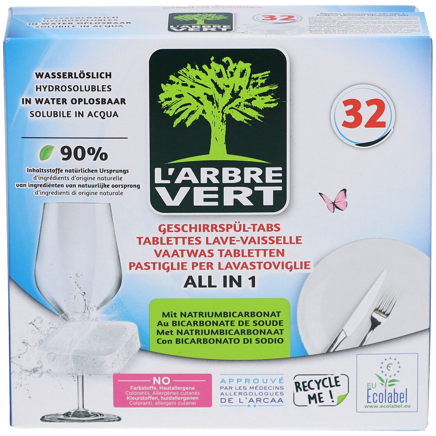 Boîte de tablettes lave-vaisselle L'ARBRE VERT, 32. Verre, assiette, couverts illustrés. Avec bicarbonate de soude.