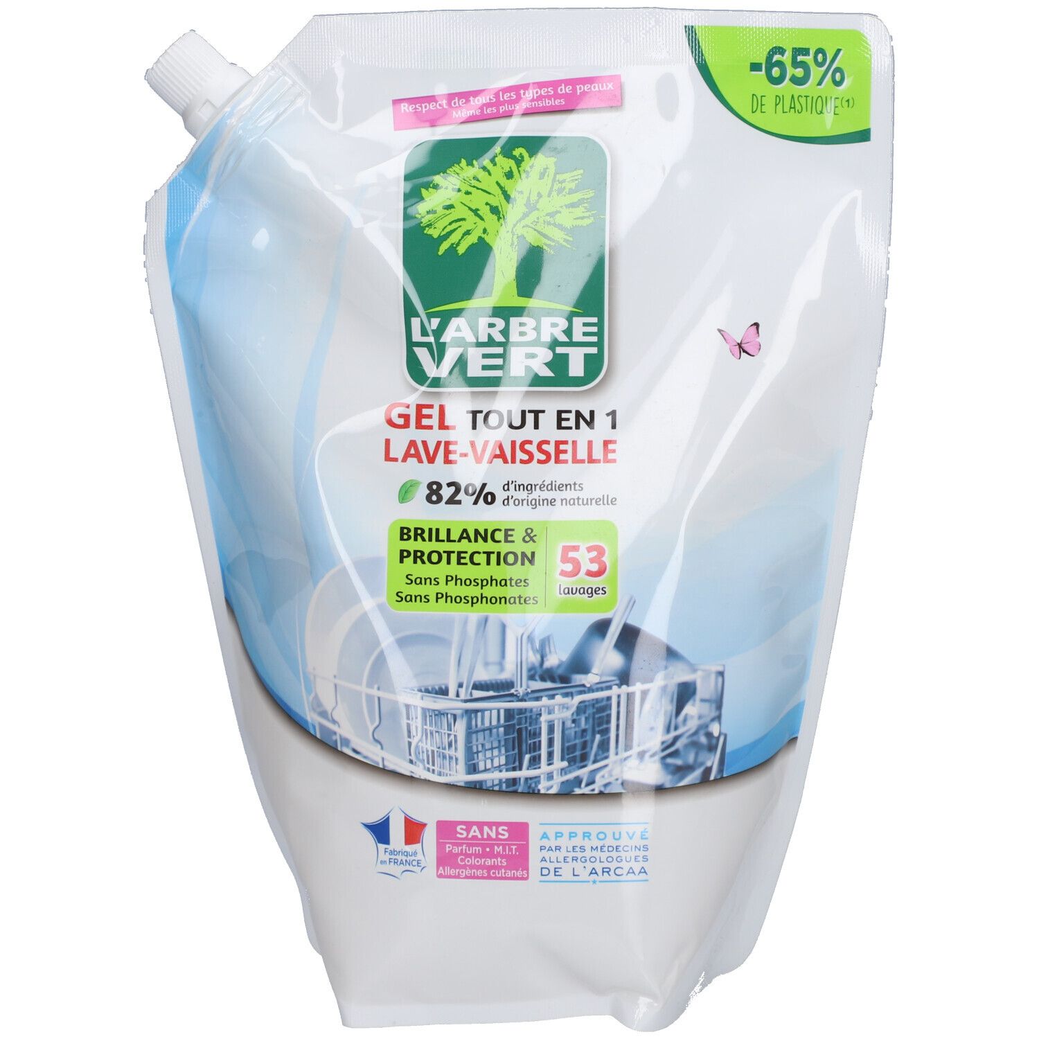 Nachfüllpackung für Geschirrspülergel. L'ARBRE VERT Logo und Produktbezeichnung. Transparente Verpackung mit grünen Akzenten.
