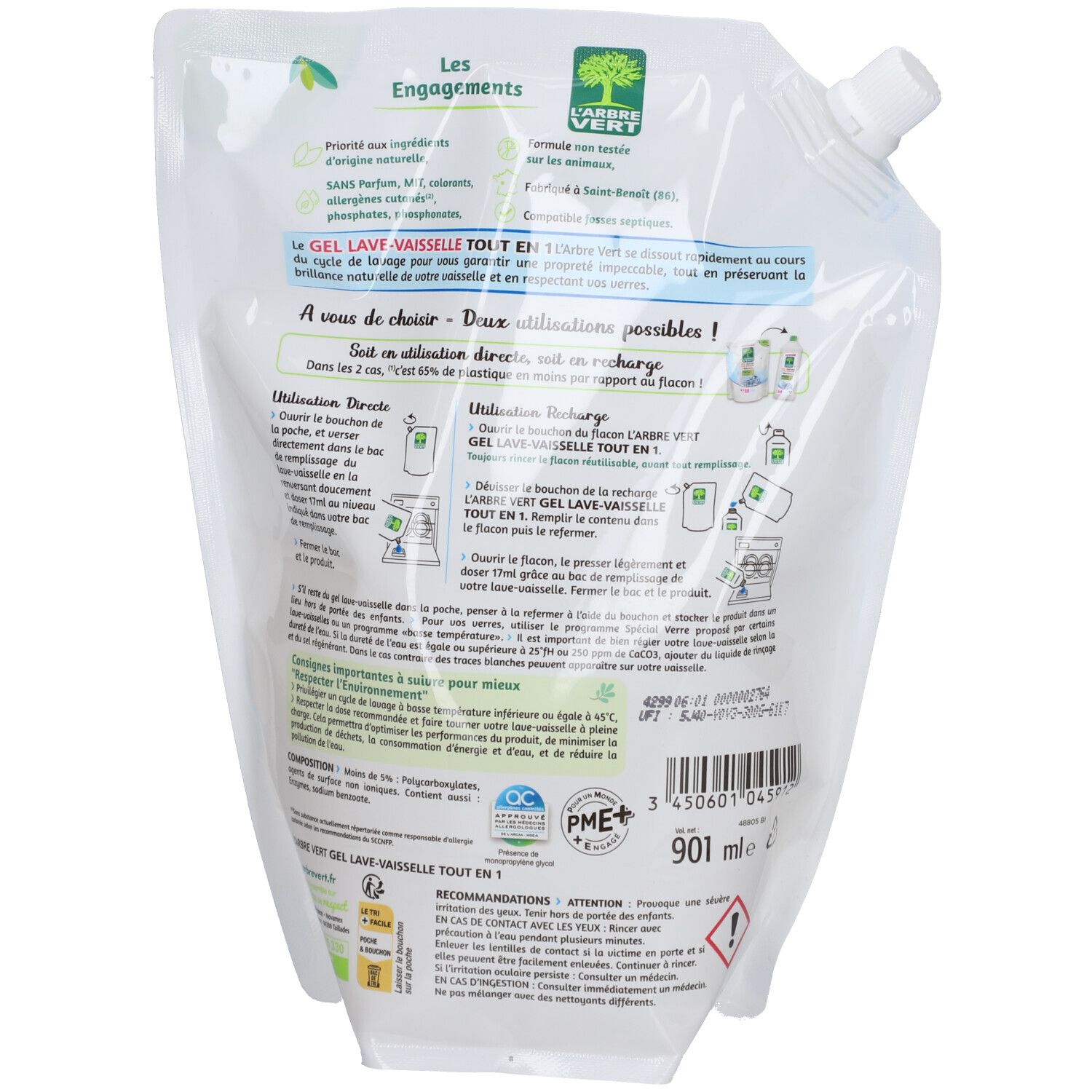 Rückseite der Nachfüllpackung. Text und Illustrationen. L'ARBRE VERT Logo. Informationen zur Anwendung.