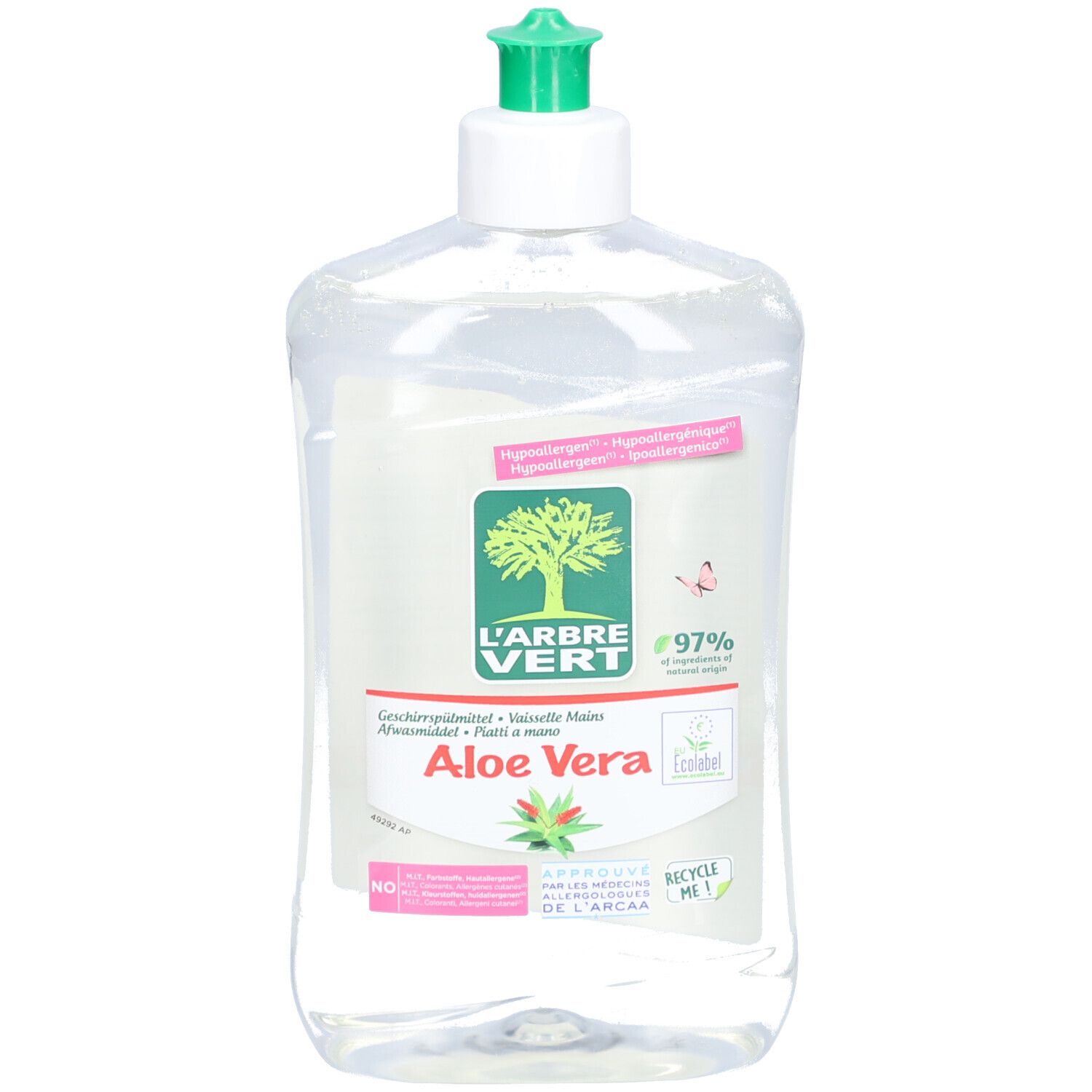 Transparente Flasche mit grünem Deckel. Etikett mit Logo, Text und Aloe Vera-Abbildung. Öko-Zertifizierung.