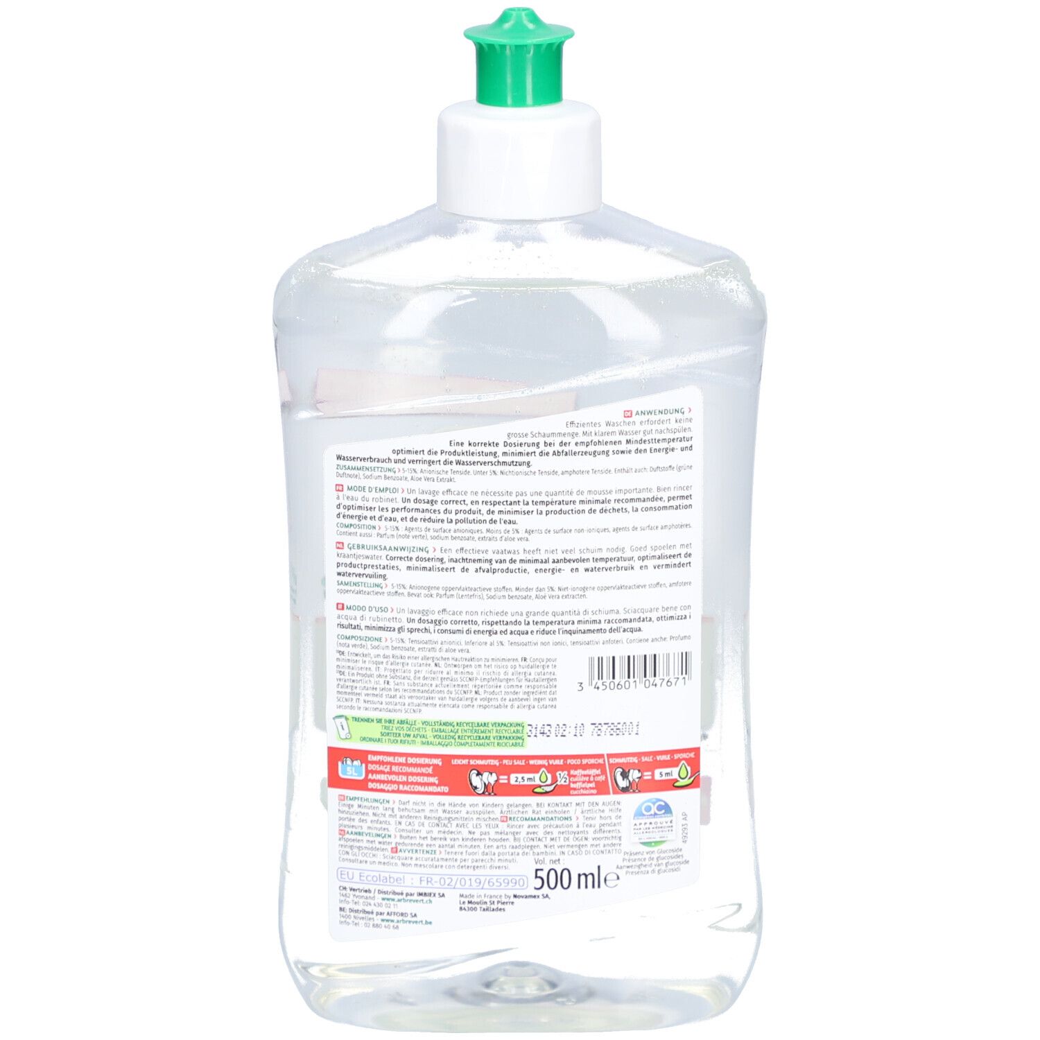 Rückseite der Flasche. Text in mehreren Sprachen. Öko-Zertifizierung und Inhaltsangaben. Volumenangabe: 500 ml.