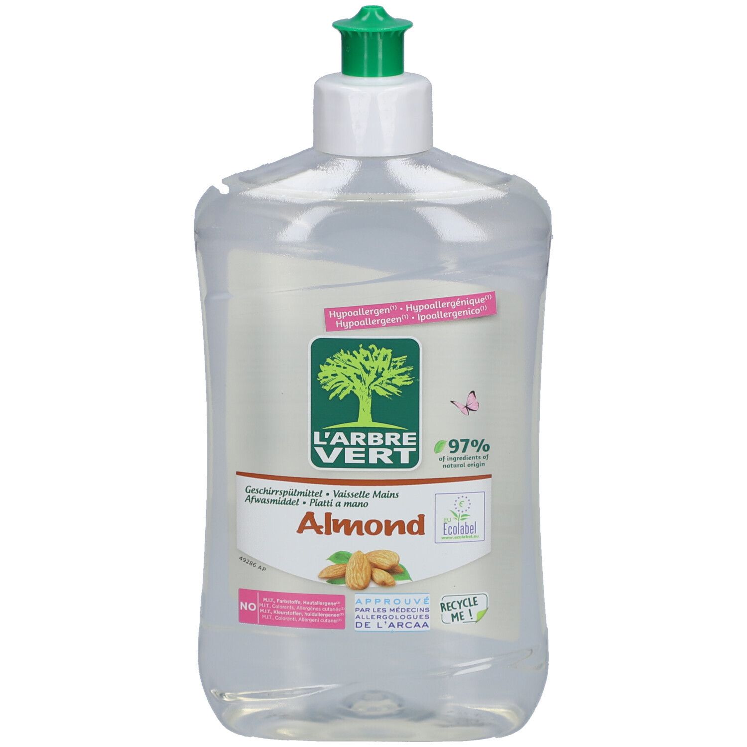 Flacon transparent L'ARBRE VERT Geschirrspülmittel Mandel, bouchon vert. Étiquette avec logo, amandes, texte.