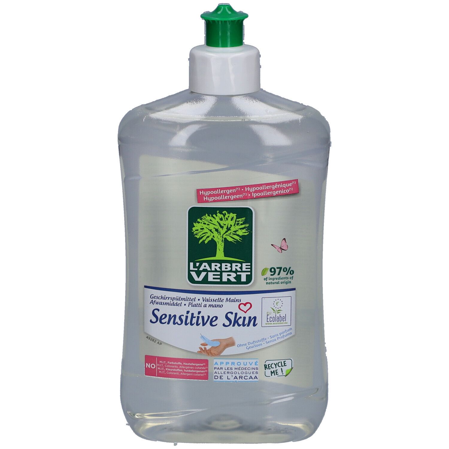 Transparente Flasche mit grünem Deckel. Aufschrift: L'ARBRE VERT, Geschirrspülmittel, Sensitive Skin. Mit Ecolabel-Zertifizierung.