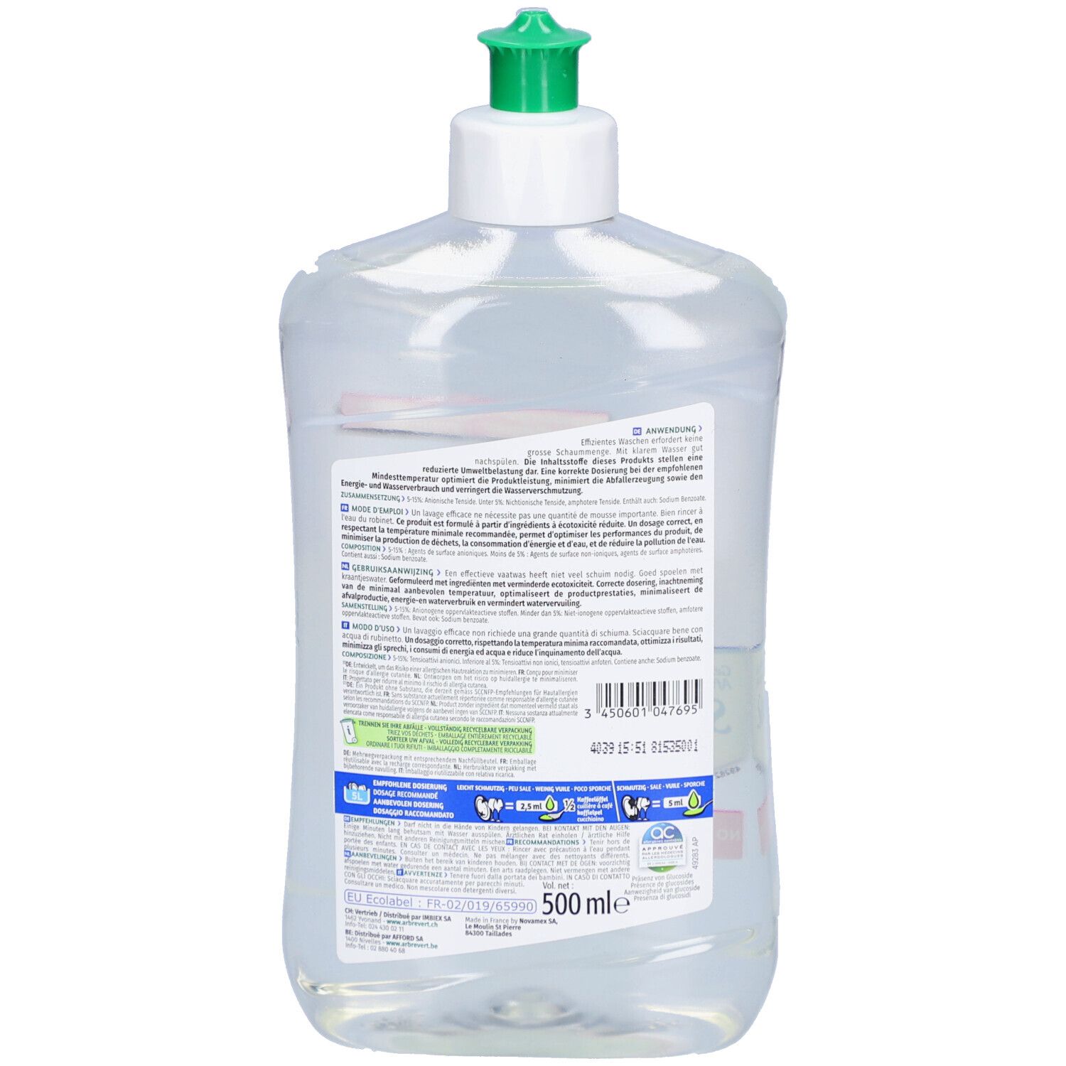Rückseite einer transparenten Flasche mit grünem Deckel. Text und Informationen zum Produkt. Mit Ecolabel-Zertifizierung.