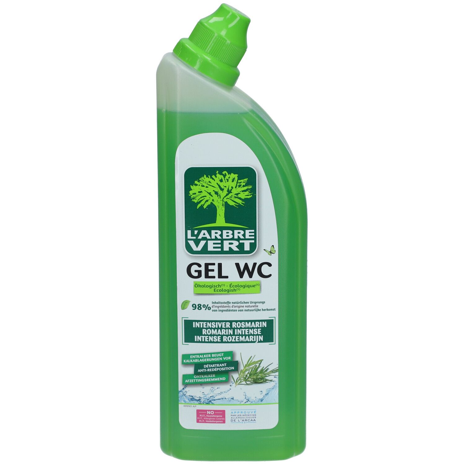 Grüne Flasche L'ARBRE VERT Gel WC. Grüner Deckel. Etikett mit Logo, Produktname und Inhaltsstoffen. 98% natürliche Inhaltsstoffe.