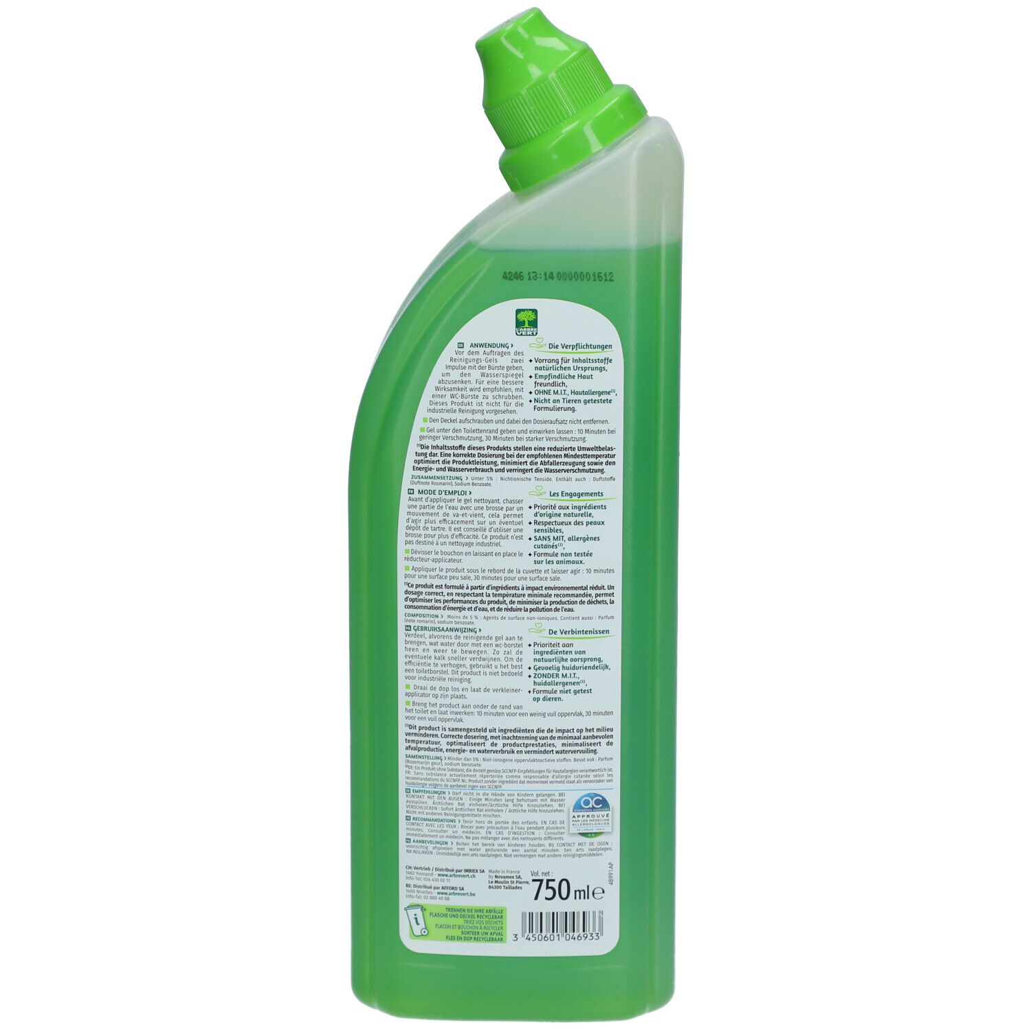 Rückseite der grünen Flasche L'ARBRE VERT Gel WC. Text auf Etikett. Enthält Informationen zu Inhaltsstoffen und Zertifizierungen.