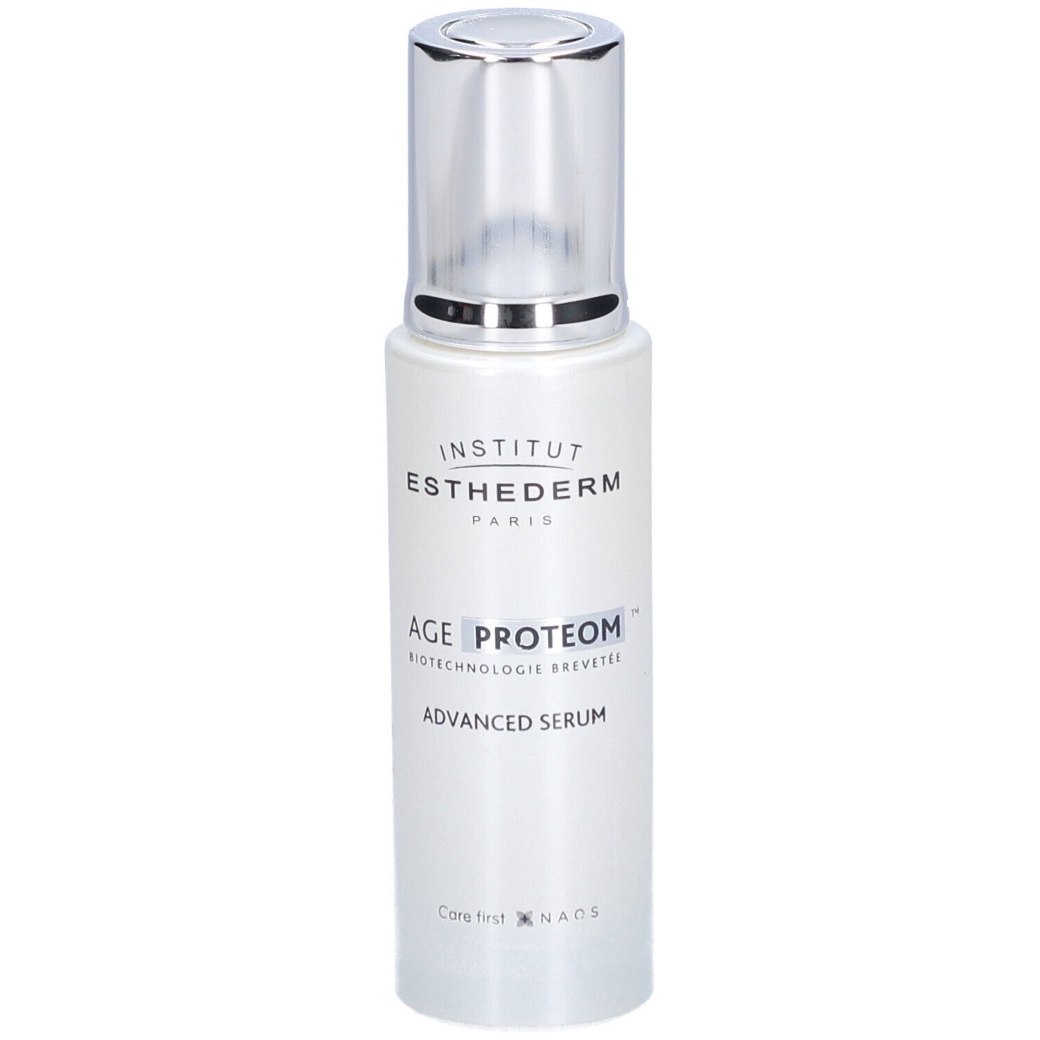 Weißes Serumfläschchen mit silbernem Deckel. Aufschrift: INSTITUT ESTHEDERM PARIS, AGE PROTEOM ADVANCED SERUM.