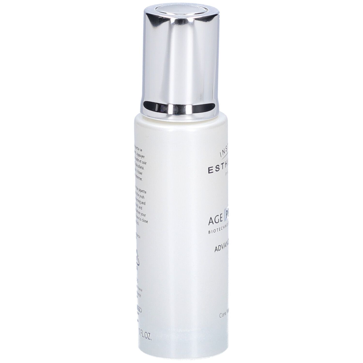 Weißes Serumfläschchen mit silbernem Deckel. Aufschrift: INSTITUT ESTHEDERM PARIS, AGE PROTEOM ADVANCED SERUM.