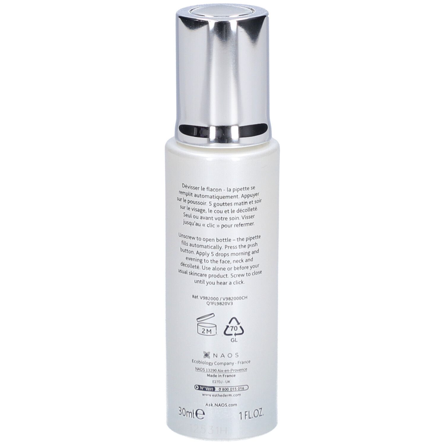 Weißes Serumfläschchen mit silbernem Deckel. Aufschrift und Text auf der Rückseite. 30ml, 1 FL.OZ.