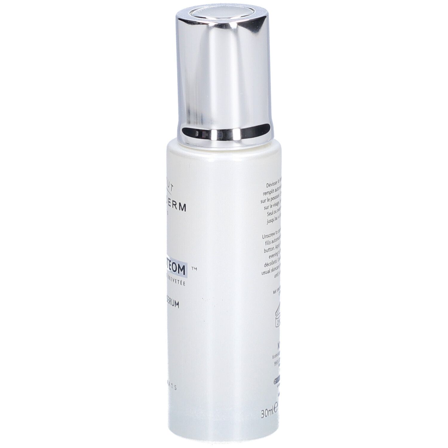 Weißes Serumfläschchen mit silbernem Deckel. Aufschrift: INSTITUT ESTHEDERM PARIS, AGE PROTEOM ADVANCED SERUM.