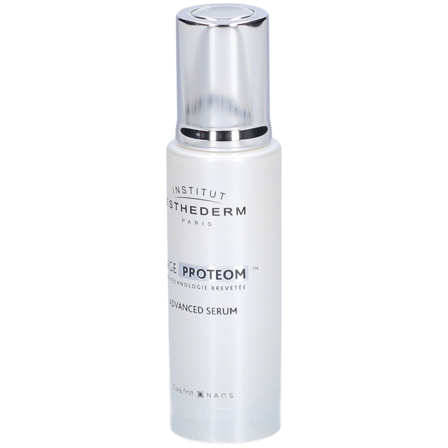 Weißes Serumfläschchen mit silbernem Deckel. Aufschrift: INSTITUT ESTHEDERM PARIS, AGE PROTEOM ADVANCED SERUM.