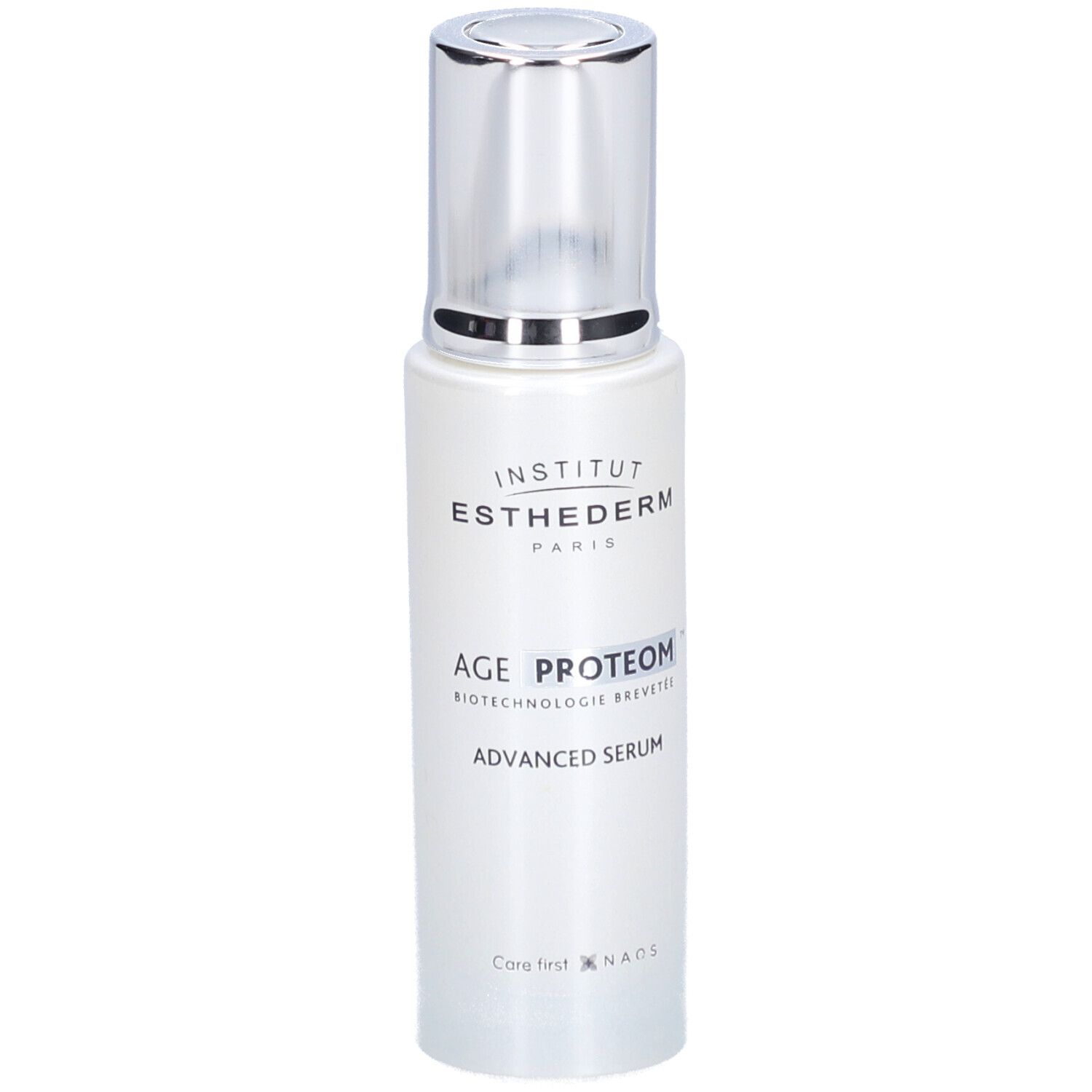 Weißes Serumfläschchen mit silbernem Deckel. Aufschrift: INSTITUT ESTHEDERM PARIS, AGE PROTEOM ADVANCED SERUM.