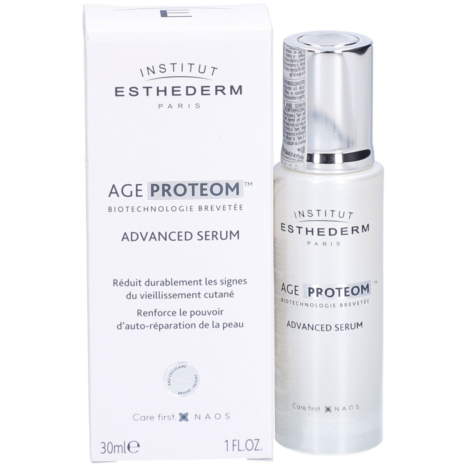Serumfläschchen und Verpackung. Aufschrift: INSTITUT ESTHEDERM PARIS, AGE PROTEOM ADVANCED SERUM. 30ml, 1 FL.OZ.